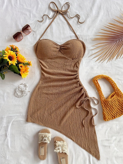 Damen Bodycon Kleid mit Neckholder und asymmetrischem Saum – Elegantes Partykleid für Urlaub & Abende