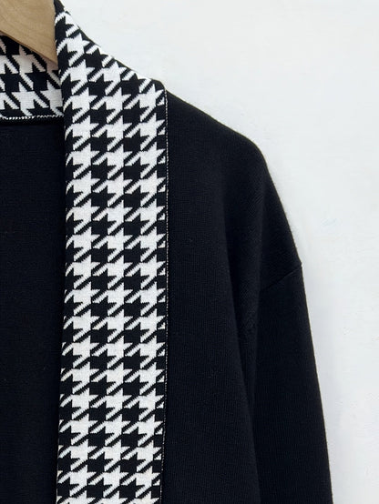 Herren Cardigan Schwarz mit Hahnentritt-Muster Offene Vorderseite