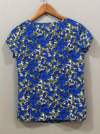Damen Bluse mit floraler Musterung und kurzen Ärmeln – Eleganter, vielseitiger Style für Büro und Freizeit