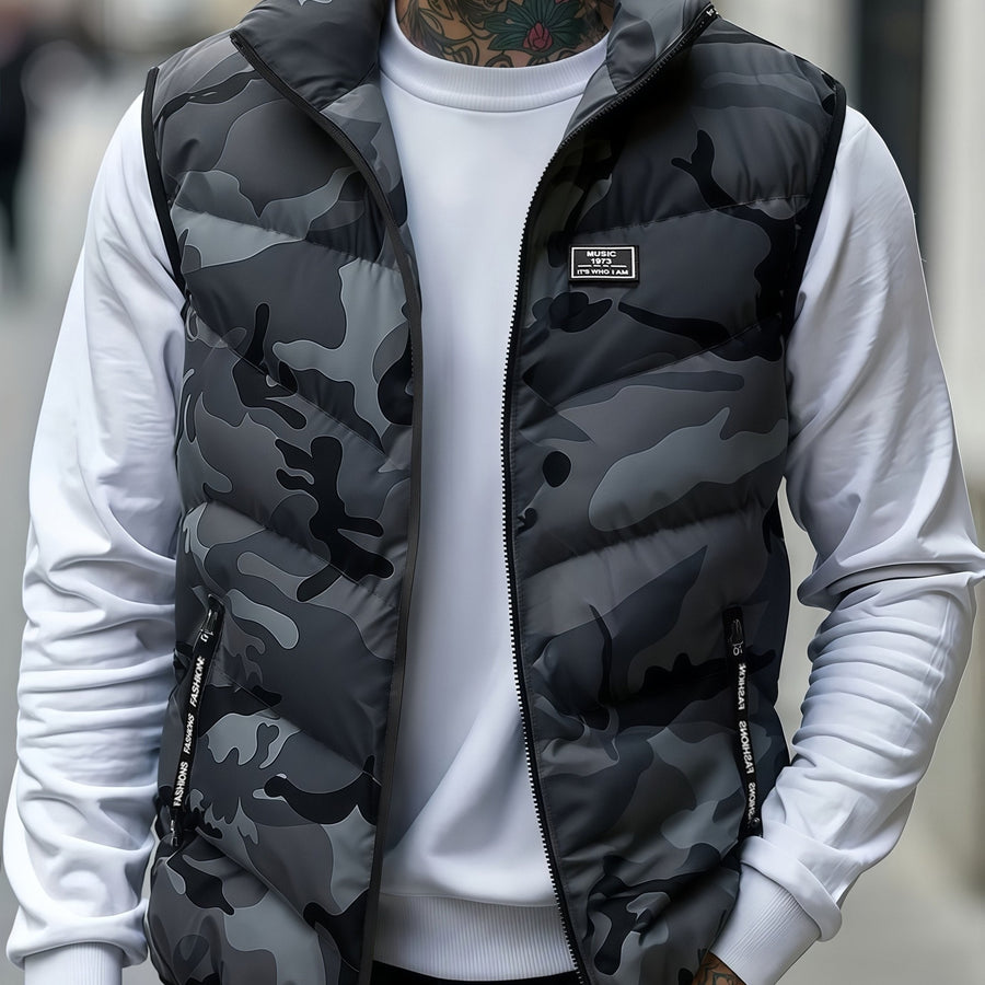 Unisex Camouflage Weste Stehkragen Gesteppt Gefüttert Reißverschluss Outdoor Alltagsmode