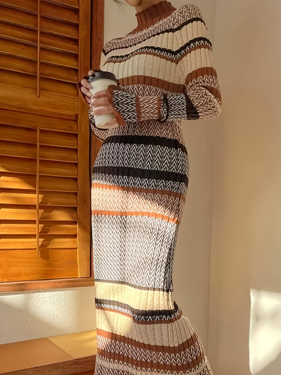 Damen Strickkleid Lang Ärmel Rollkragen Mehrfarbig Gemustert