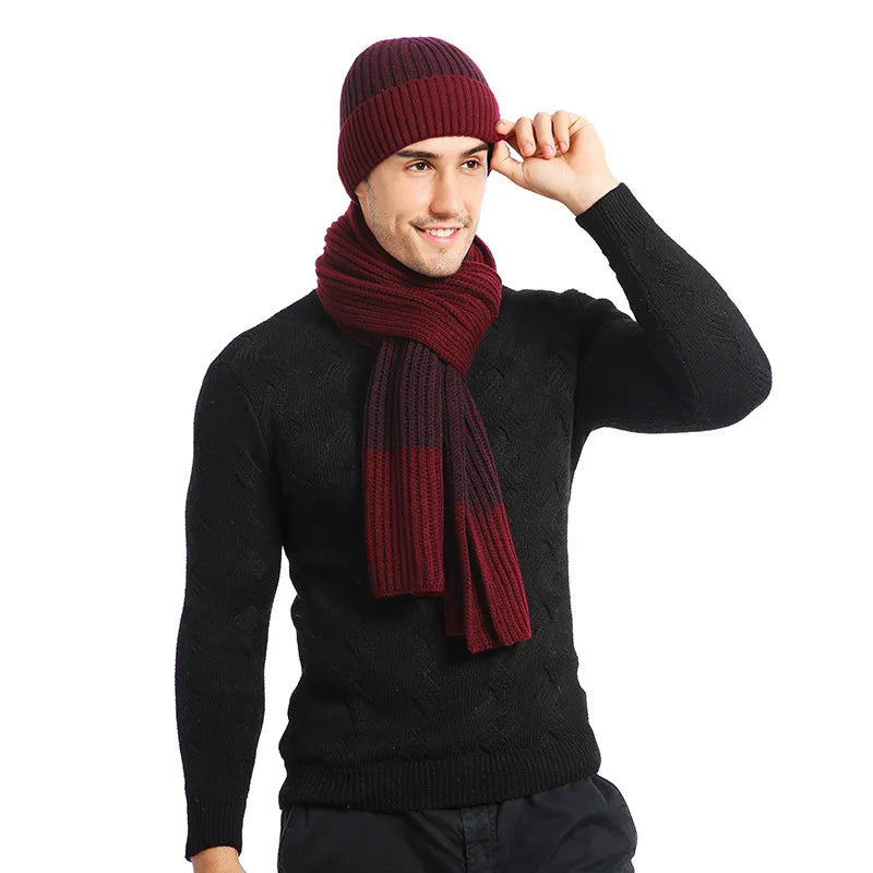 Unisex winterset met gebreide muts en sjaal, tweekleurig, geribbeld