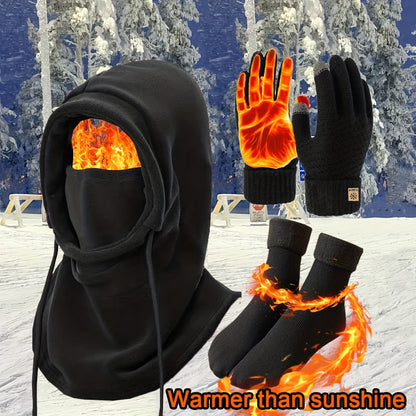 Unisex winterset met bivakmuts, handschoenen en thermosokken, zwart, warm