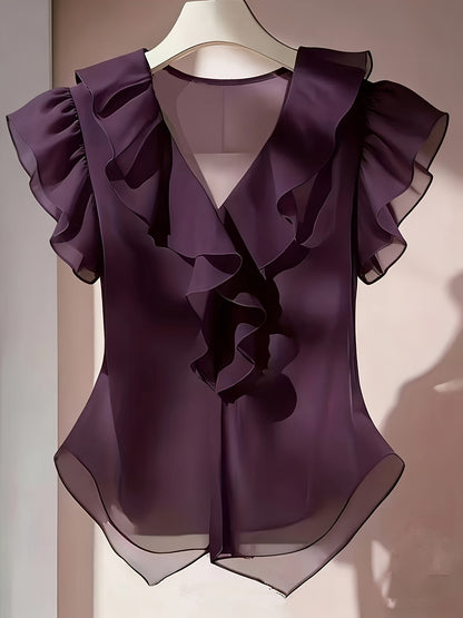 Damen Rüschenbluse mit V-Ausschnitt und Volantärmeln – Eleganter Stil für Büro und besondere Anlässe