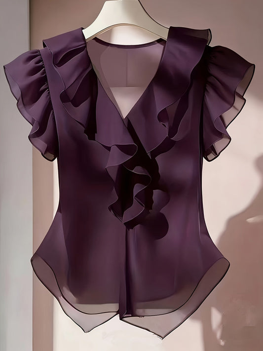Damen Rüschenbluse mit V-Ausschnitt und Volantärmeln – Eleganter Stil für Büro und besondere Anlässe