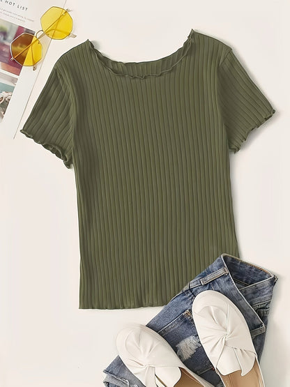 Damen Basic T-Shirt mit kurzen Ärmeln und Rippstruktur – Modisches Alltags-Oberteil mit Wellenkante