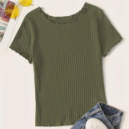Damen Basic T-Shirt mit kurzen Ärmeln und Rippstruktur – Modisches Alltags-Oberteil mit Wellenkante