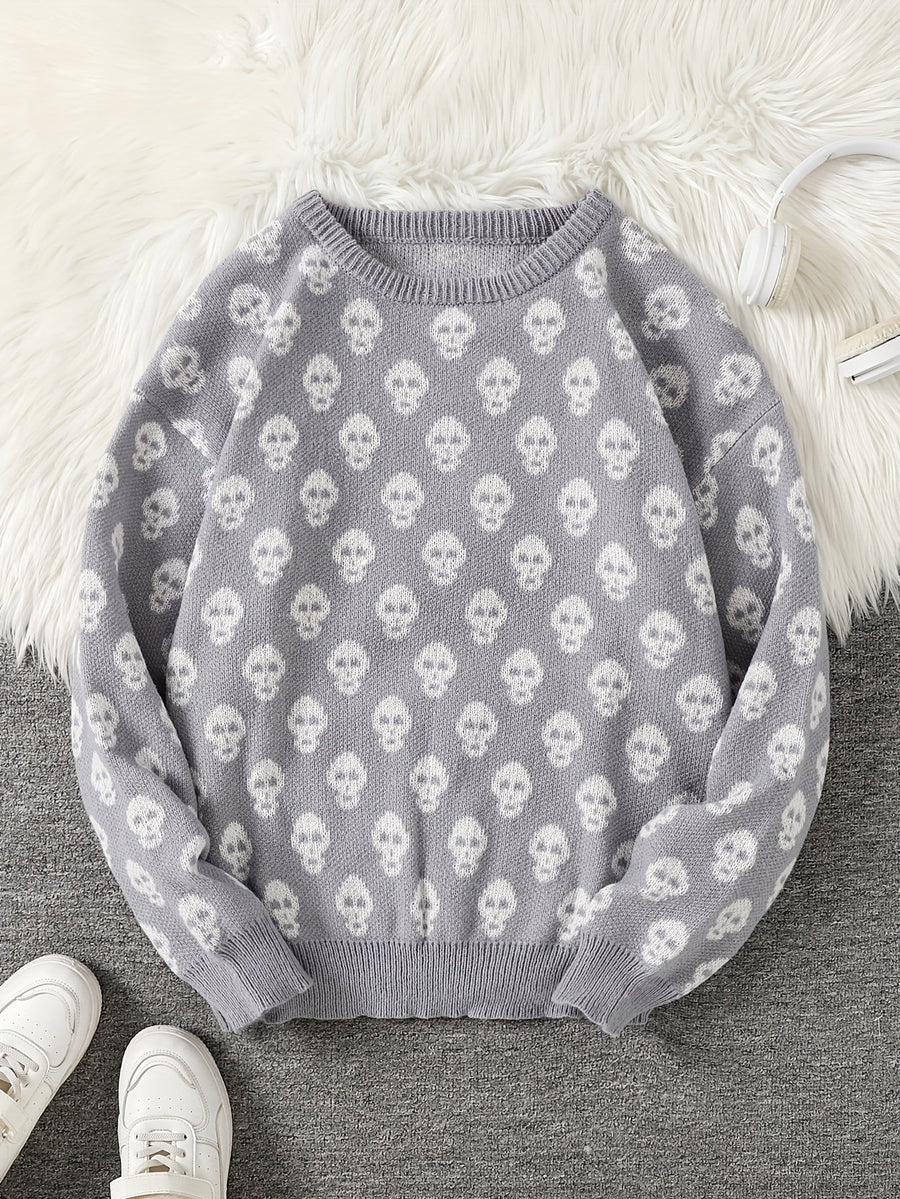 Unisex Strickpullover mit Rundhalsausschnitt und Totenkopfmuster