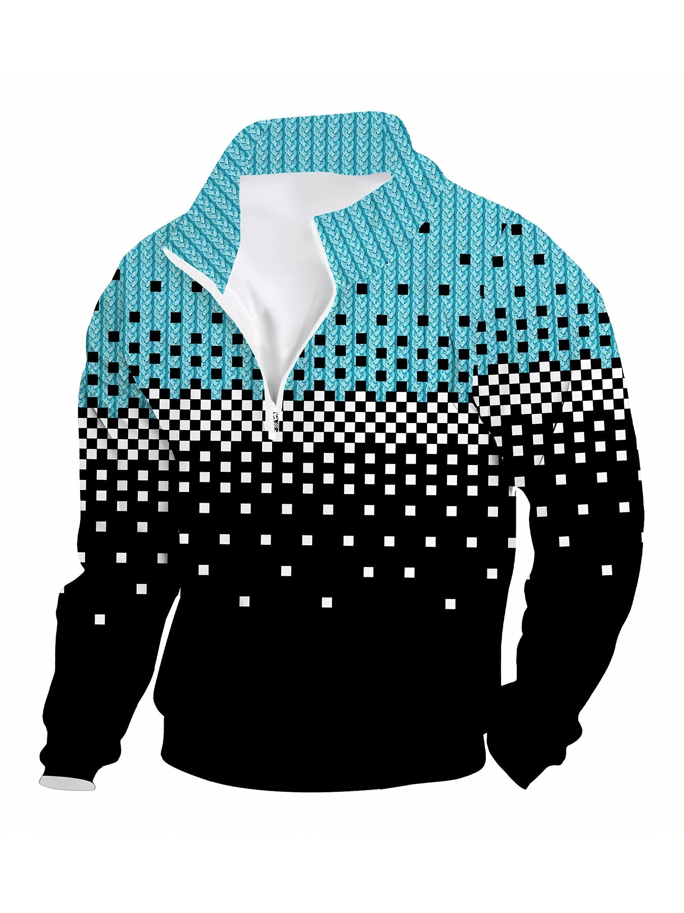 Herren Halb-Reißverschluss Pullover Strickmuster Quadratmuster Ombre Schwarz
