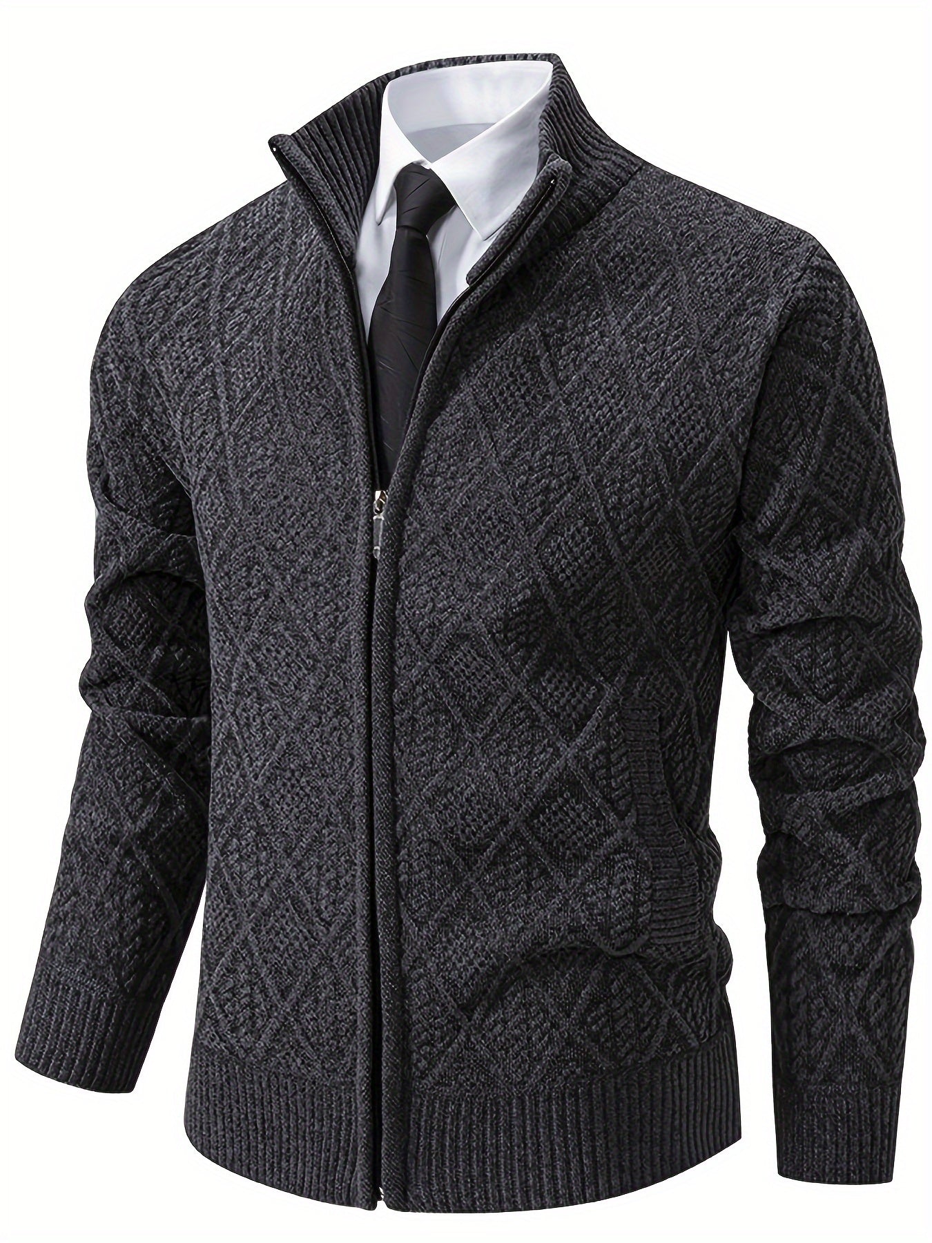 Herren Strickjacke mit Stehkragen, Reißverschluss und Rautenmuster