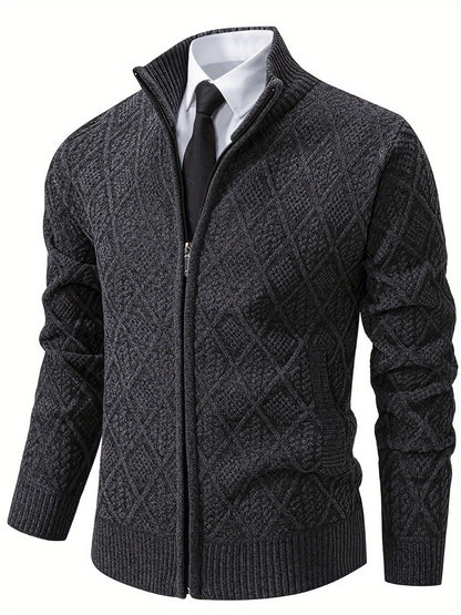 Herren Strickjacke mit Stehkragen, Reißverschluss und Rautenmuster