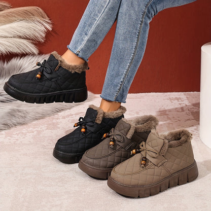 Damen Winterstiefeletten Stepp-Design Plateau Kunstfellfutter mit Zierperlen Schnürung