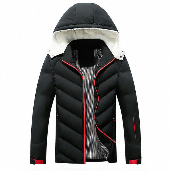 Herren Winter Steppjacke mit Kapuze und Teddyfutter, Schwarz