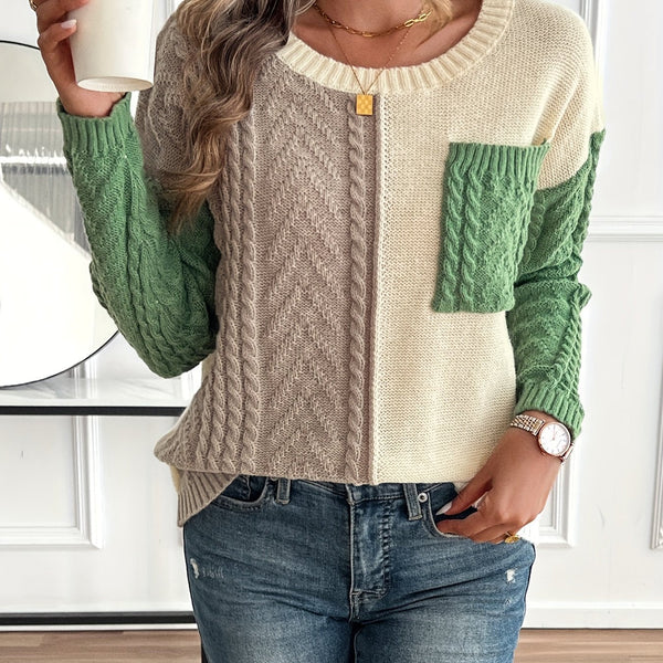 Damen Rundhals Strickpullover Colorblock Zopfmuster mit Brusttasche