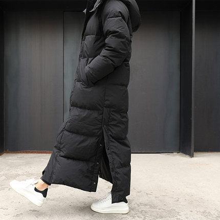 Langer Schwarzer Winter Steppmantel mit Kapuze für Damen