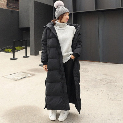 Langer Schwarzer Winter Steppmantel mit Kapuze für Damen