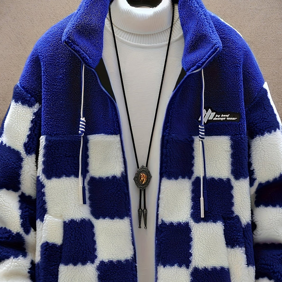 Teddyfleece Jacke Herren Kariert Blau Weiß Stehkragen Reißverschluss