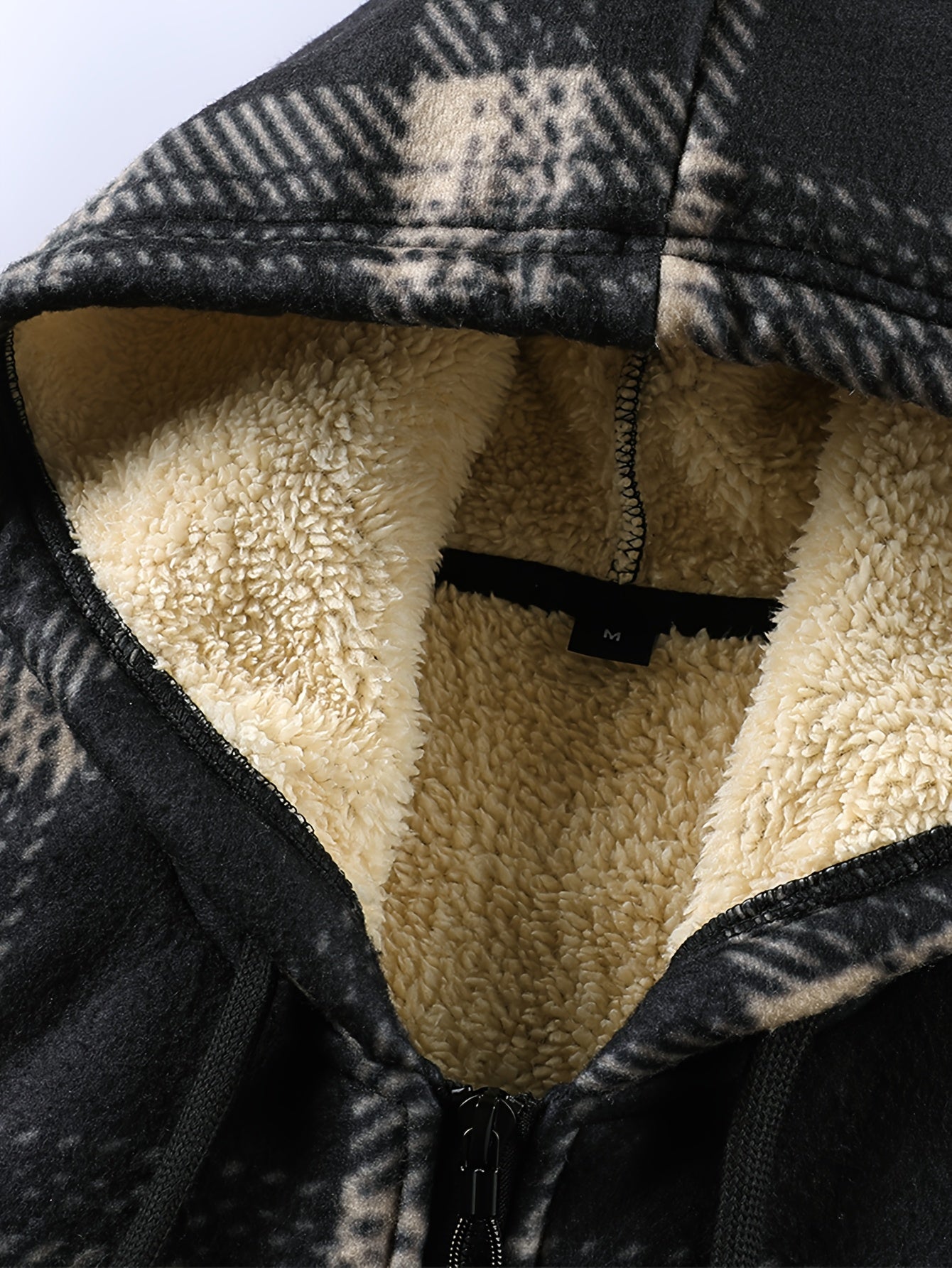 Karierte Kapuzenjacke mit warmem Fleecefutter für Herren, Schwarz-Beige