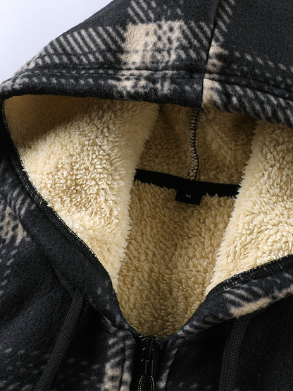 Karierte Kapuzenjacke mit warmem Fleecefutter für Herren, Schwarz-Beige