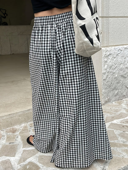 Damen Weite Hose mit Karomuster und hohem Bund – Stilvolle Freizeithose für Alltag & Ausgehen