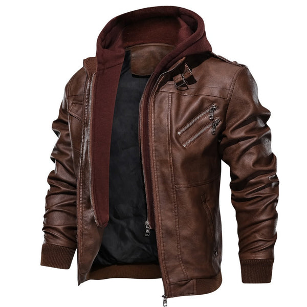 Herren Motorradjacke mit Kapuze und Reißverschluss, Kunstleder Jacke