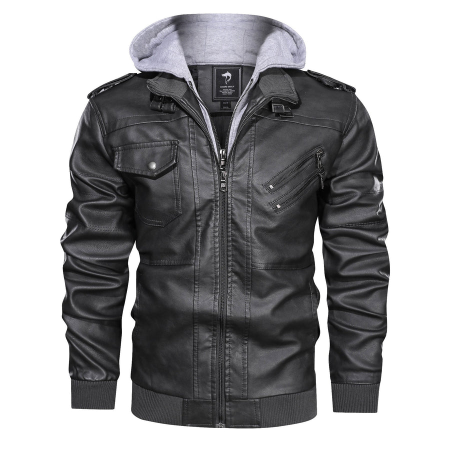 Herren Motorradjacke mit Kapuze und Reißverschluss, Kunstleder Jacke