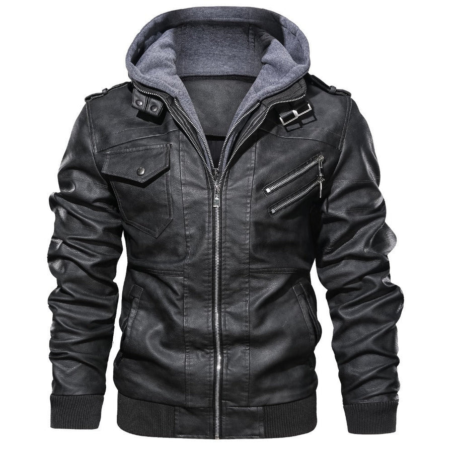 Herren Motorradjacke mit Kapuze und Reißverschluss, Kunstleder Jacke