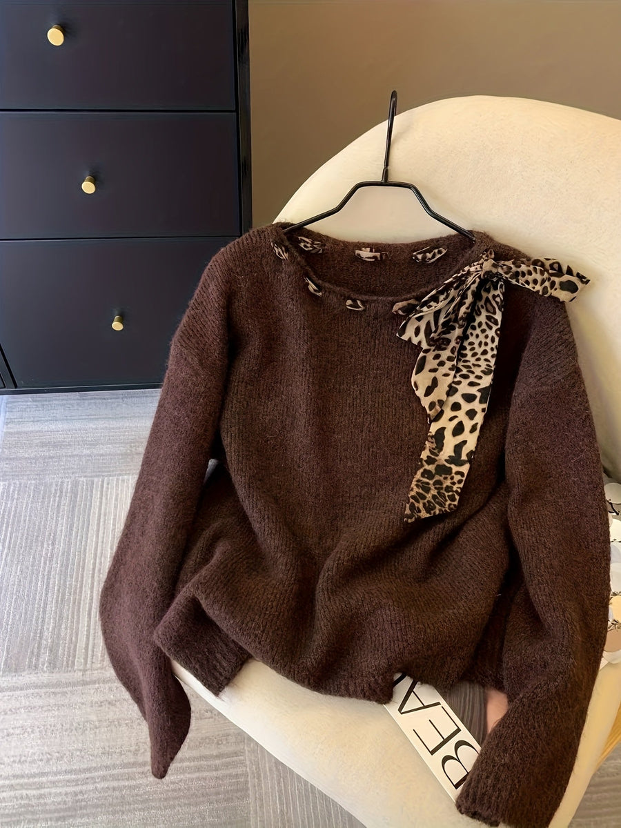 Damen Pullover mit Leopardenmuster Schal Ausschnitt Langarm Strickpullover