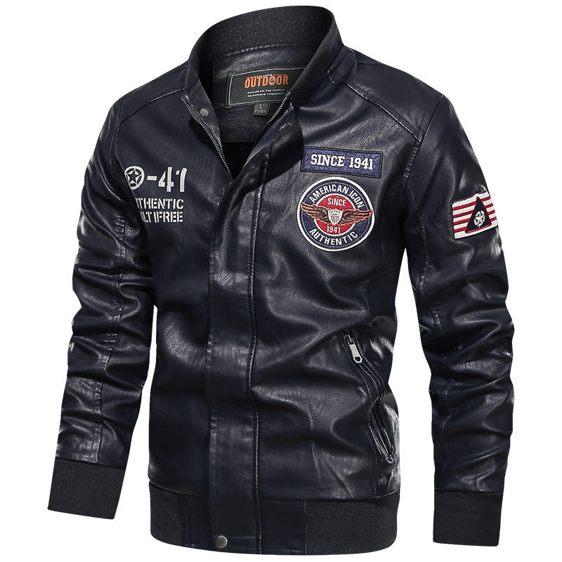 Herenbomberjacke in leerlook met patches, rits en opstaande kraag
