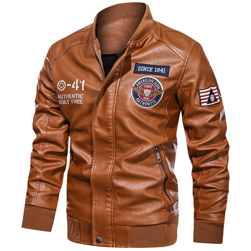 Herenbomberjacke in leerlook met patches, rits en opstaande kraag