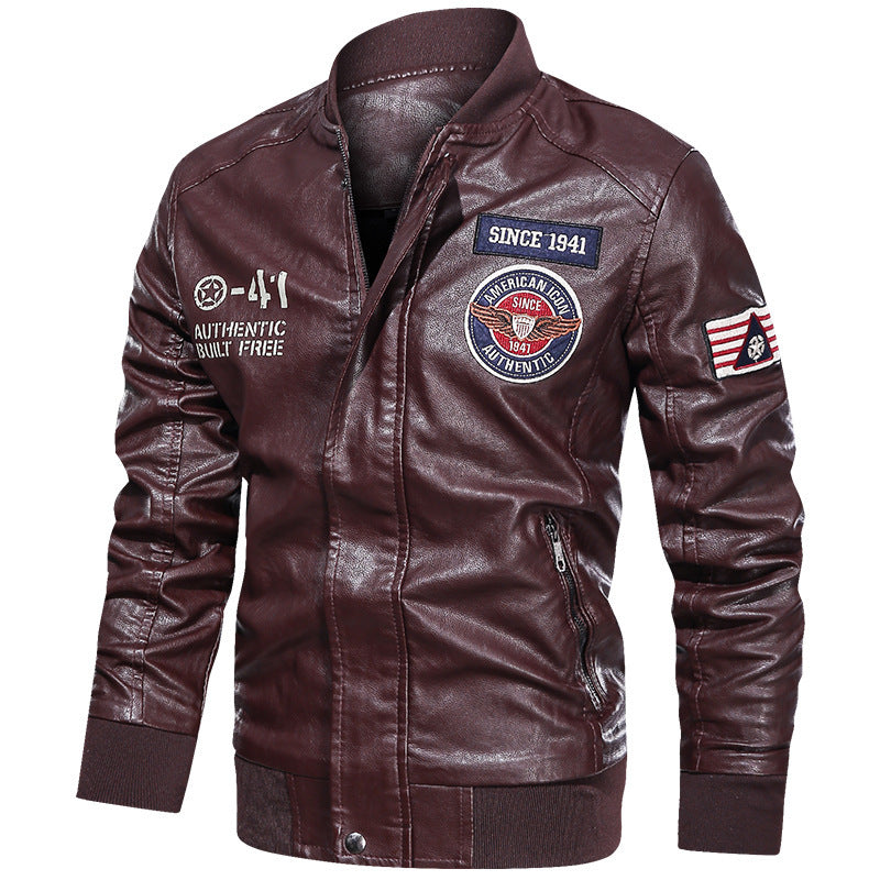 Herenbomberjacke in leerlook met patches, rits en opstaande kraag