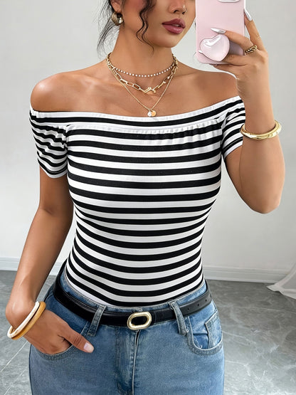 Damen Off-Shoulder Streifen-Shirt – Elegantes Bardot-Oberteil für Freizeit und Ausgehen