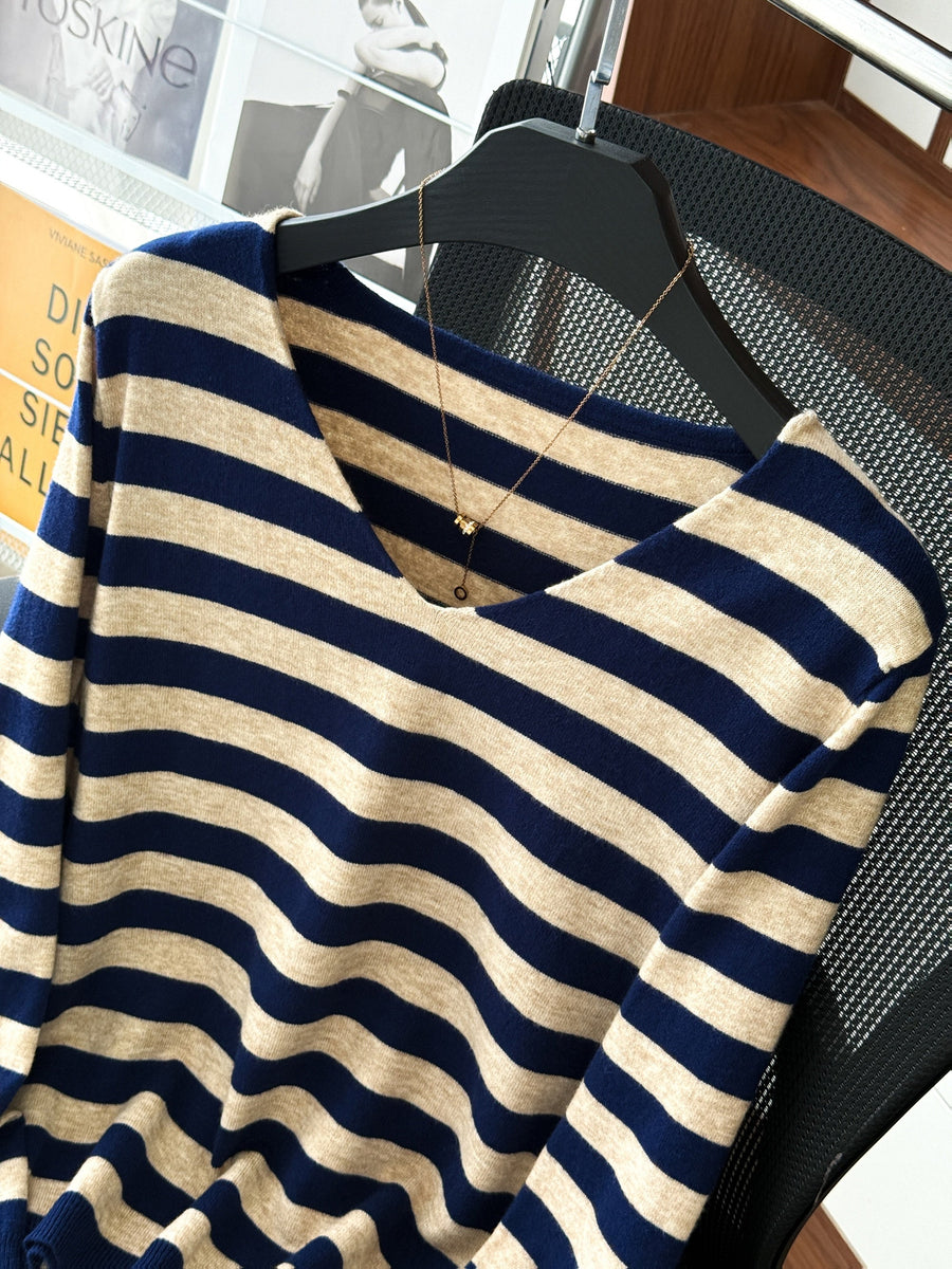 Damen Pullover Gestreift V-Ausschnitt Langarm Strick