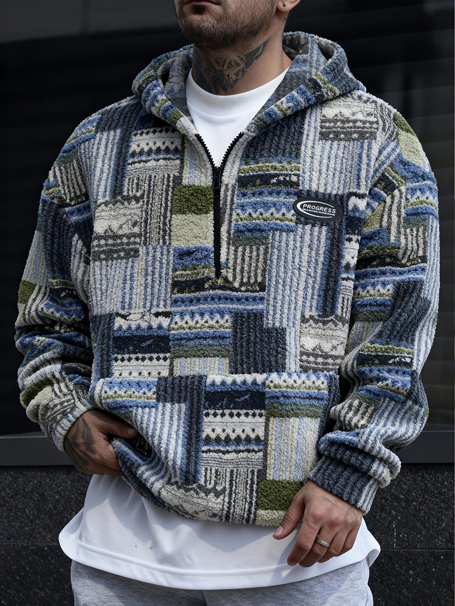 Heren patchwork-hoodie van teddyfleece met quarter-zip