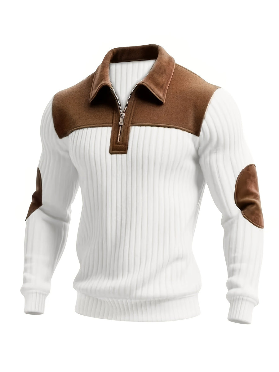 Herren Strickpullover Rippstrick Reißverschluss Kragen Ellenbogenpatches Beige Braun