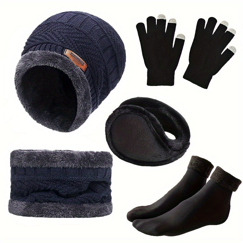 Winterset met muts, sjaal, handschoenen, oorwarmers en gebreide, gevoerde sokken, donkerblauw