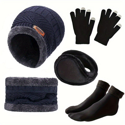 Winterset met muts, sjaal, handschoenen, oorwarmers en gebreide, gevoerde sokken, donkerblauw
