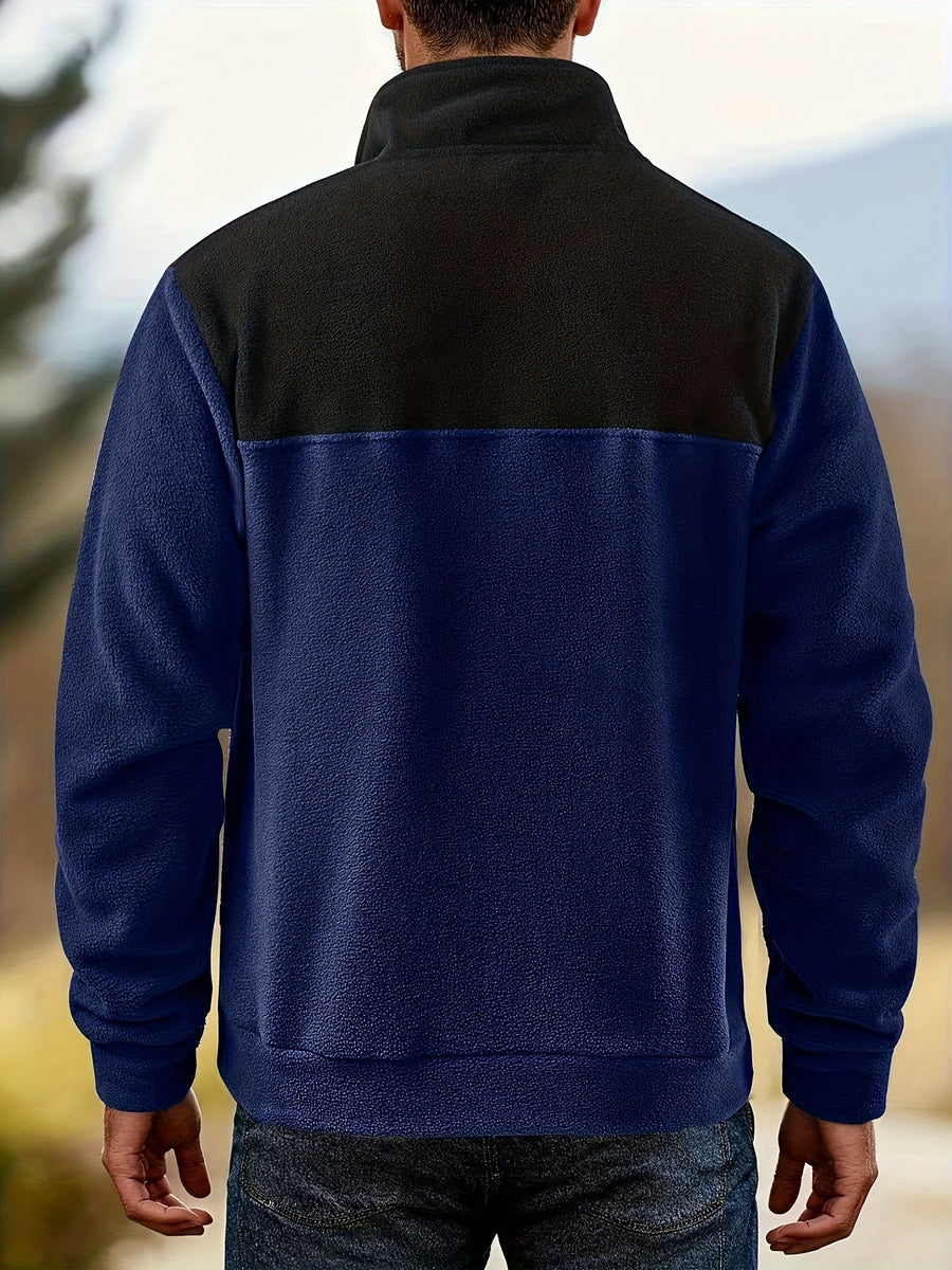 Herren Fleece Pullover mit Stehkragen und Knopfleiste - Zweifarbig