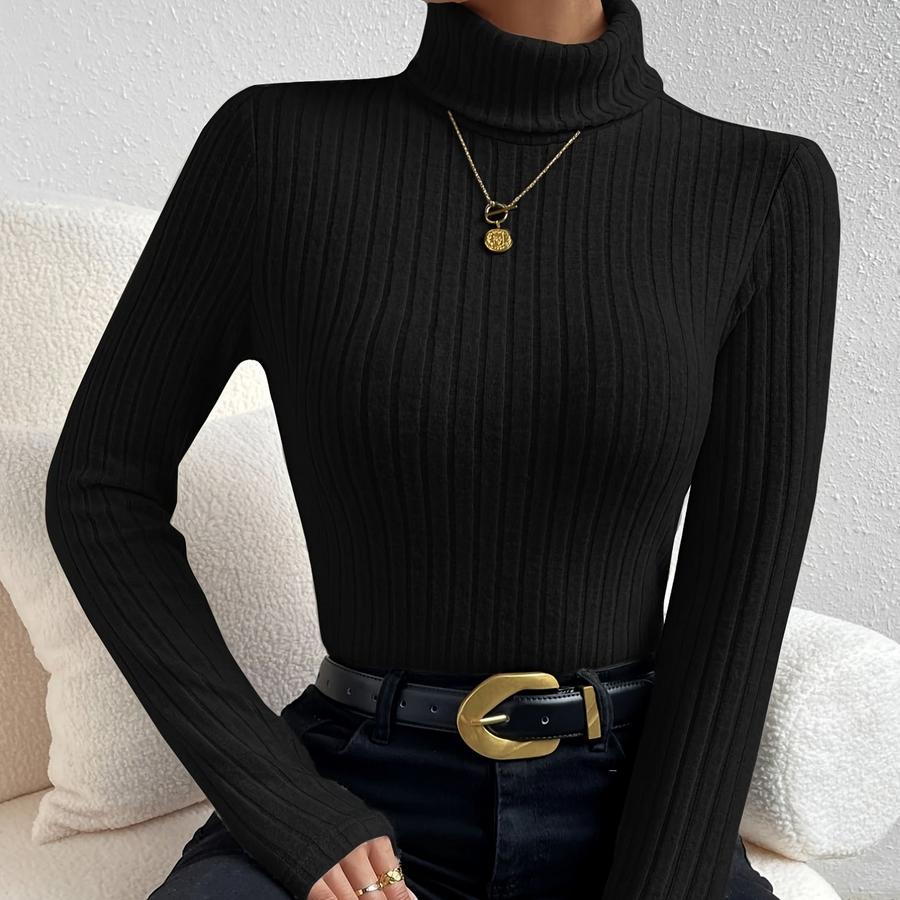 Damen Rollkragenpullover Rippstrick Langarmshirt Eng Anliegend