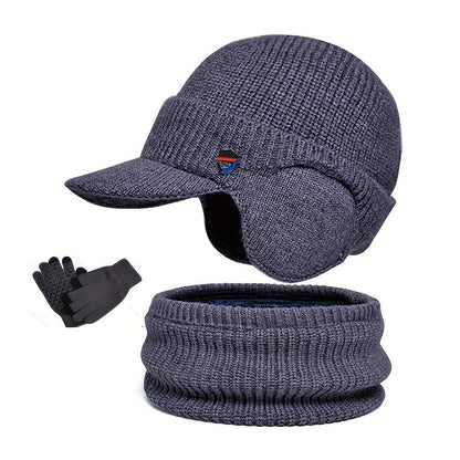 Set met gebreide wintermuts met klep en oorflappen, handschoenen en sjaal