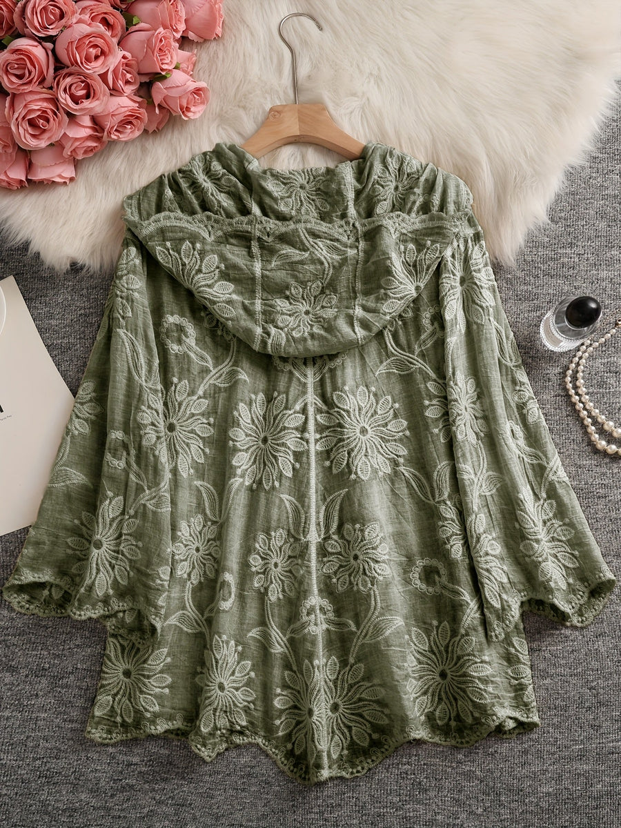 Damen Bestickte Bluse mit Kapuze, Langarm, Floral, Grün