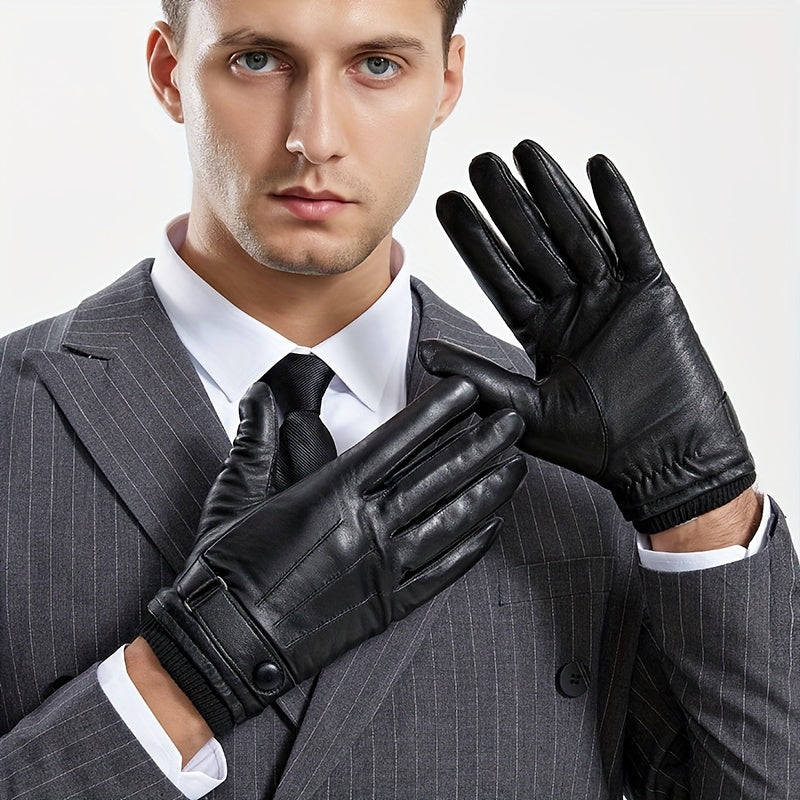 Schwarze Handschuhe mit Strickbündchen und Riemenverschluss