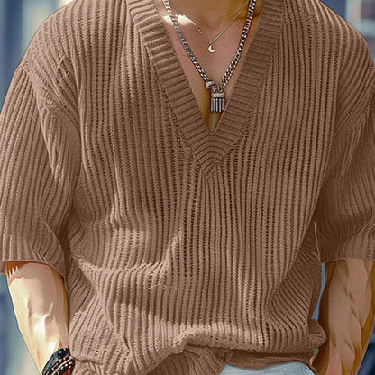 Herren Strickpullover V-Ausschnitt Kurzarm Loose Fit Gerippt