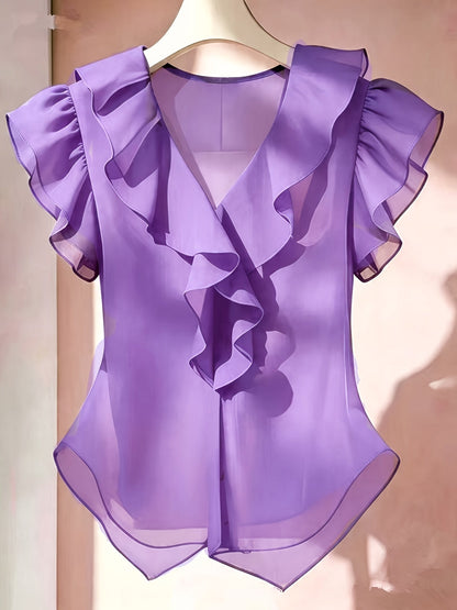 Damen Rüschenbluse mit V-Ausschnitt und Volantärmeln – Eleganter Stil für Büro und besondere Anlässe
