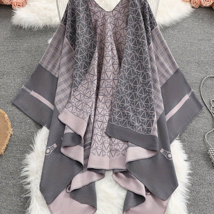 Damen Poncho Cape mit offenem Vorderteil und geometrischem Muster – Boho Stil für Alltag und Freizeit