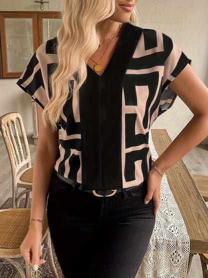 Damen Bluse mit modernem Grafikmuster und V-Ausschnitt für Büro und Freizeit