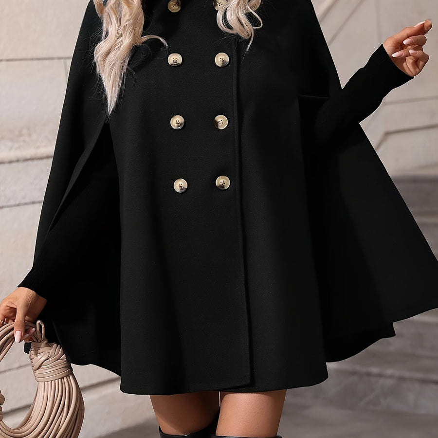 Damen Cape Schwarz mit doppelreihiger Knopfleiste & Stehkragen