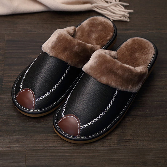 Hausschuhe gefüttert für Herren, Winter warm, Schwarz mit Ziernähten