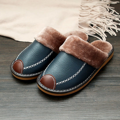 Hausschuhe gefüttert für Herren, Winter warm, Schwarz mit Ziernähten
