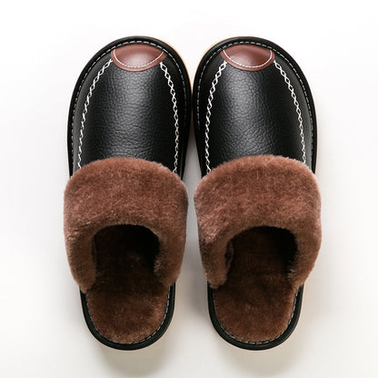Hausschuhe gefüttert für Herren, Winter warm, Schwarz mit Ziernähten